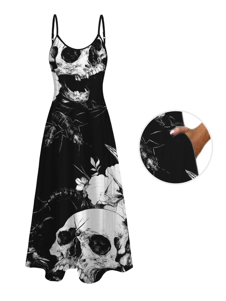 Monochrome Skulls Insects Floral Print Pocket Spaghetti Strap Vacation Gothic Dress