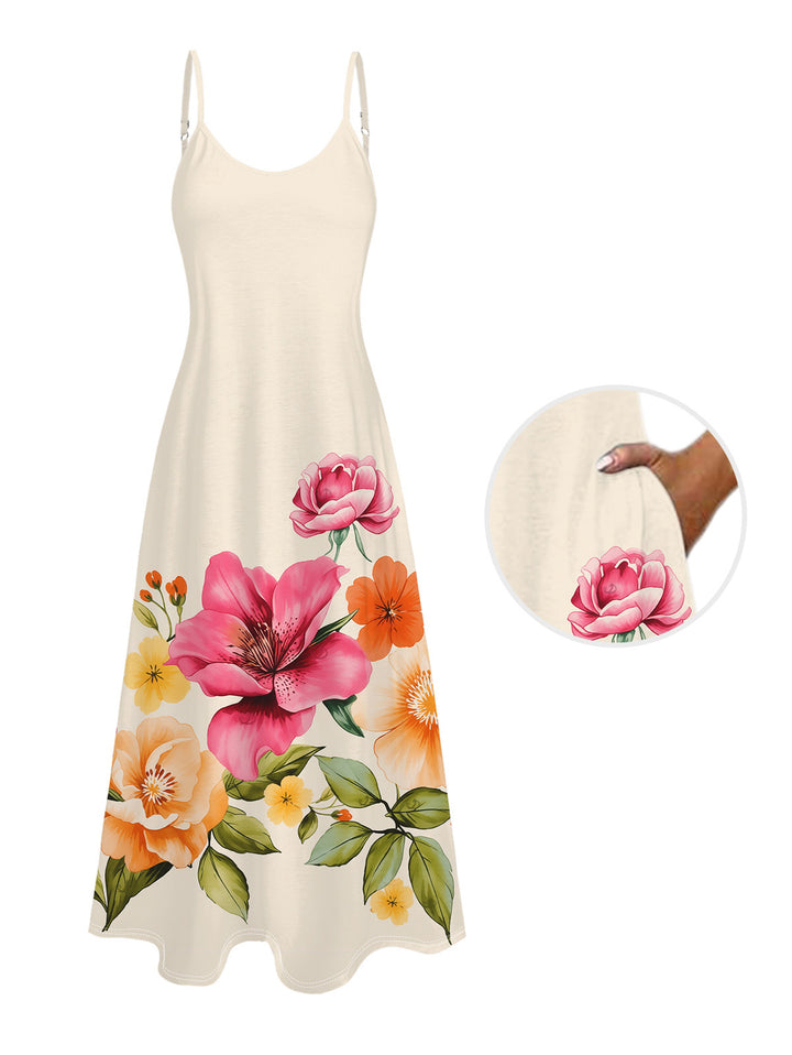 Colored Floral Leaf Print Pocket Spaghetti Strap Vacation Dress
