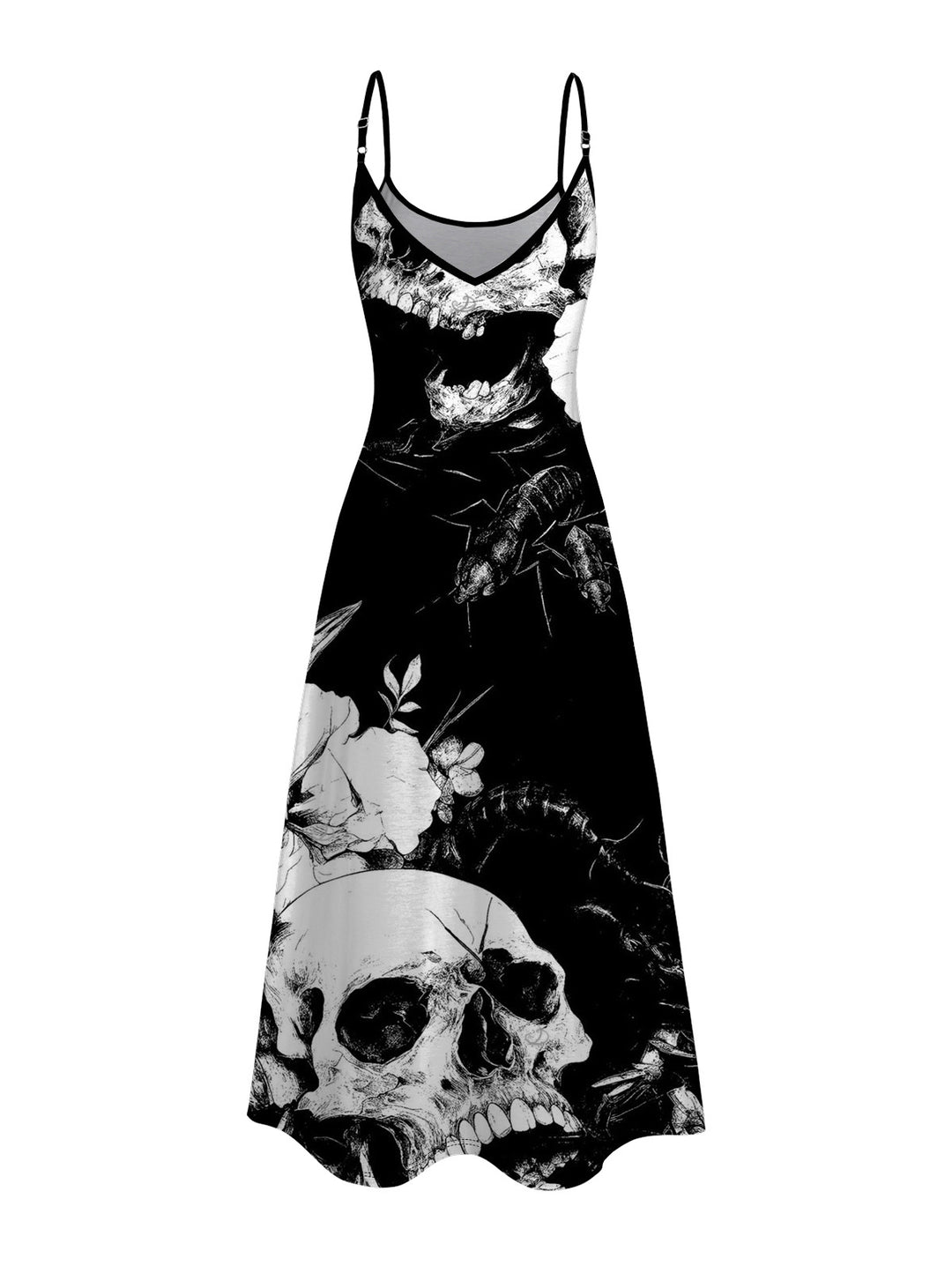 Monochrome Skulls Insects Floral Print Pocket Spaghetti Strap Vacation Gothic Dress
