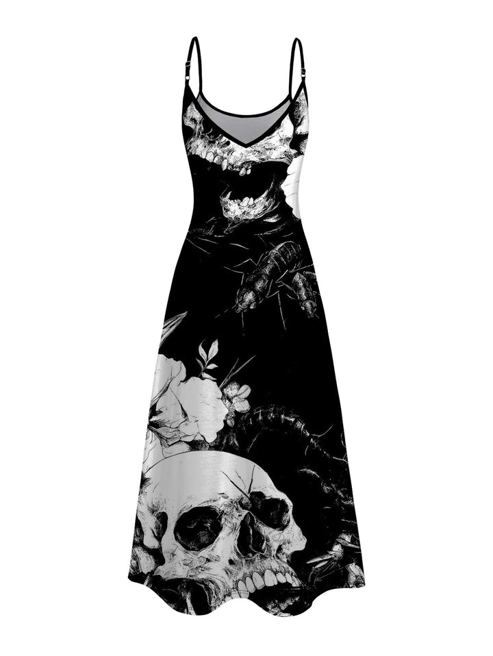 Monochrome Skulls Insects Floral Print Pocket Spaghetti Strap Vacation Gothic Dress