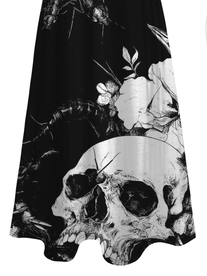 Monochrome Skulls Insects Floral Print Pocket Spaghetti Strap Vacation Gothic Dress