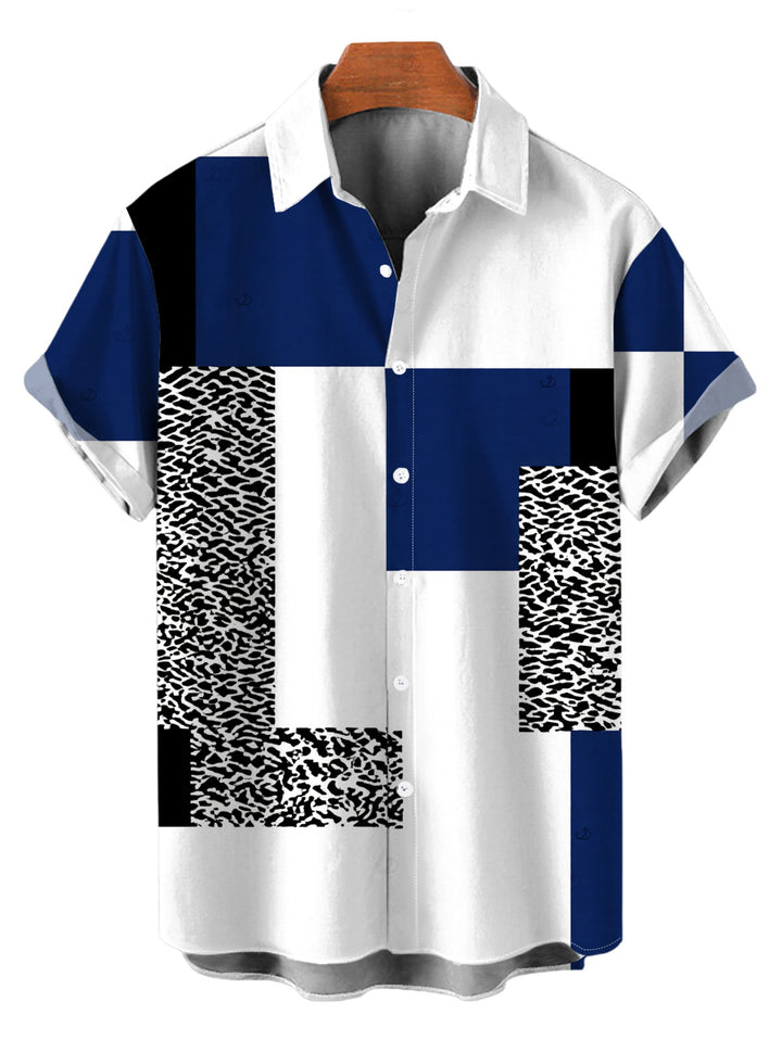 Men's Colorblock Leopard Geometric Patchwork Print Button Up Vacation Shirt