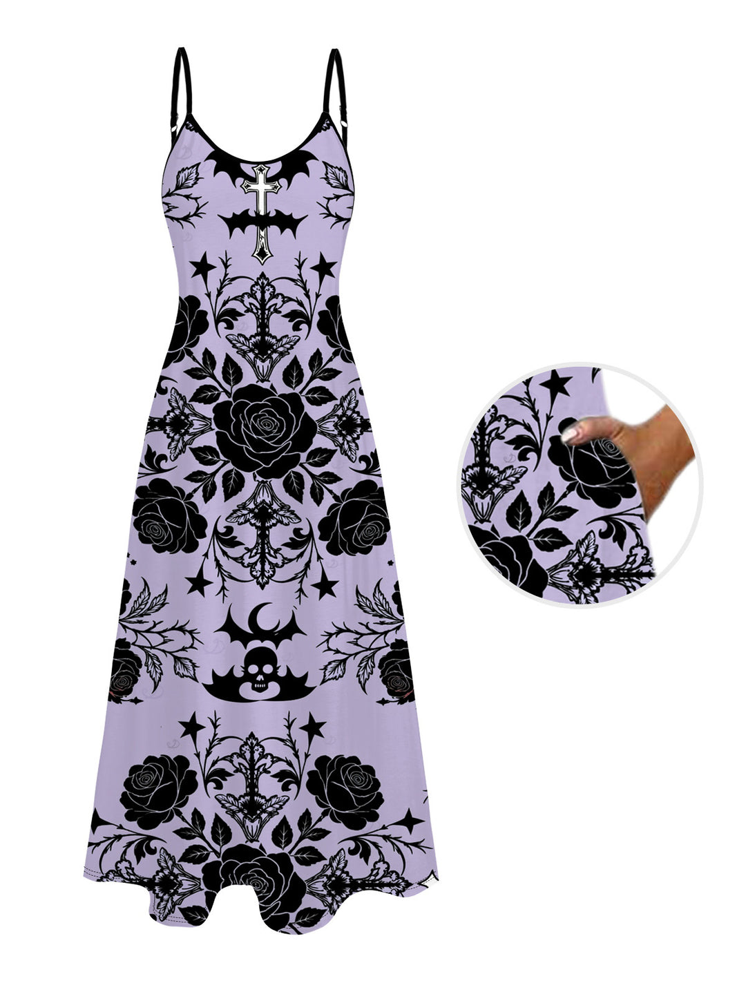Rose Cross Skulls Bats Print Pocket Spaghetti Strap Gothic Dress