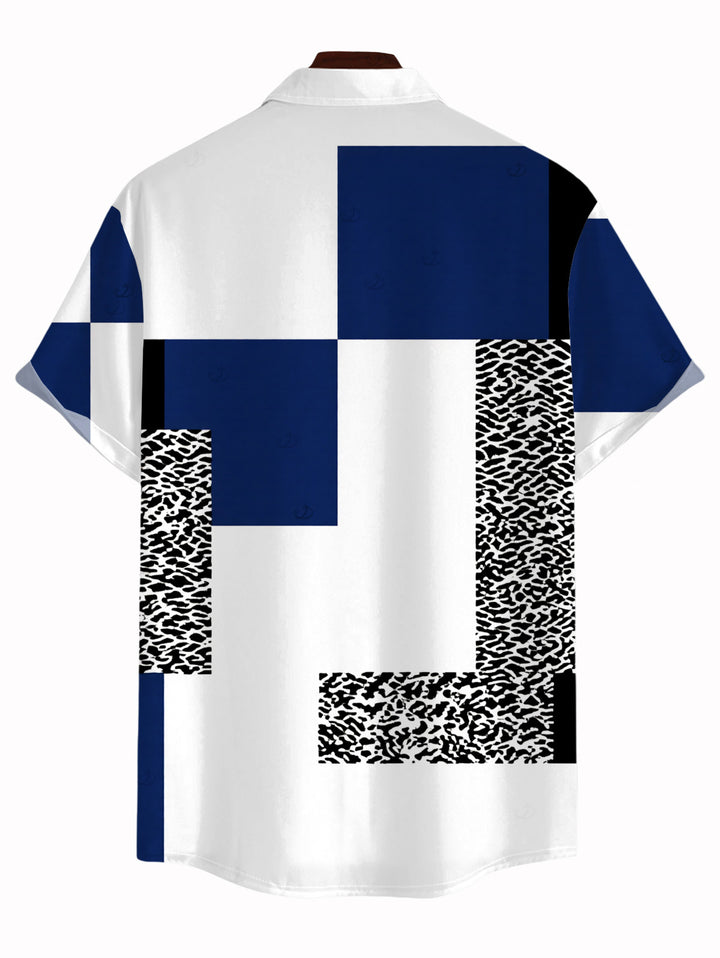 Men's Colorblock Leopard Geometric Patchwork Print Button Up Vacation Shirt