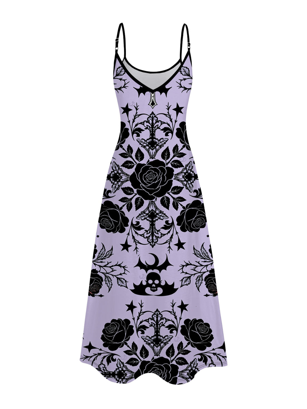 Rose Cross Skulls Bats Print Pocket Spaghetti Strap Gothic Dress