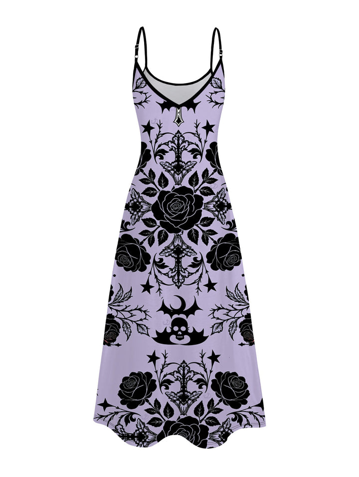 Rose Cross Skulls Bats Print Pocket Spaghetti Strap Gothic Dress