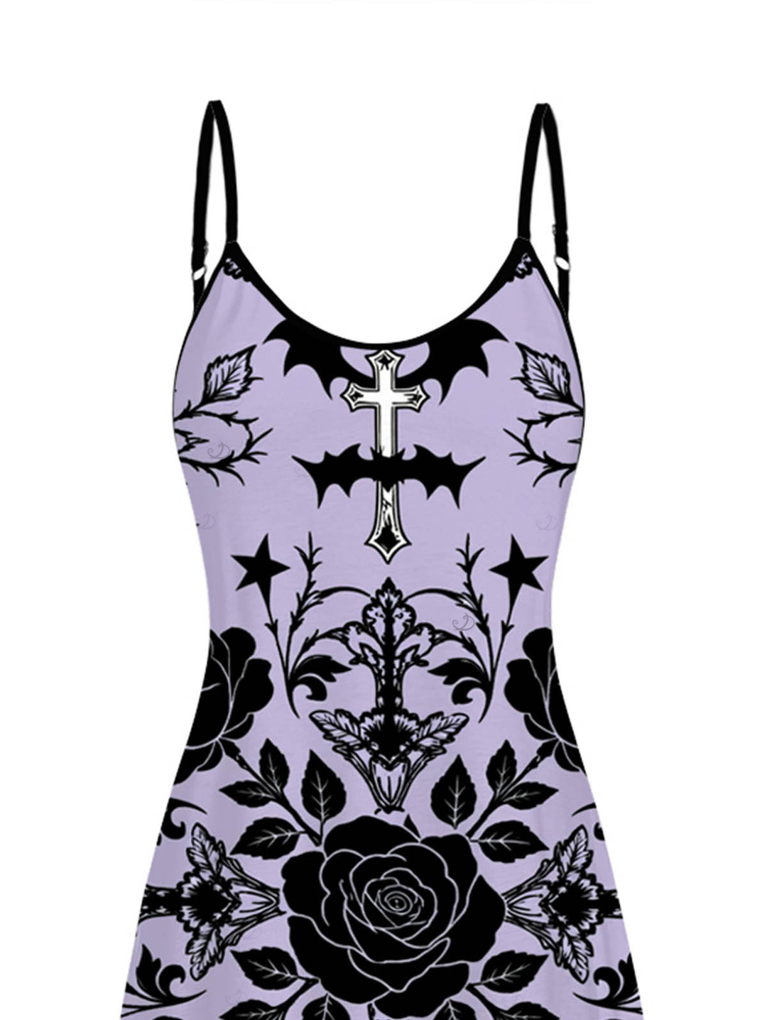 Rose Cross Skulls Bats Print Pocket Spaghetti Strap Gothic Dress