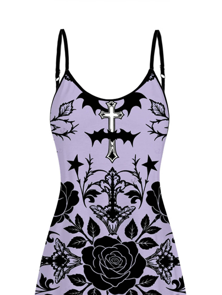 Rose Cross Skulls Bats Print Pocket Spaghetti Strap Gothic Dress