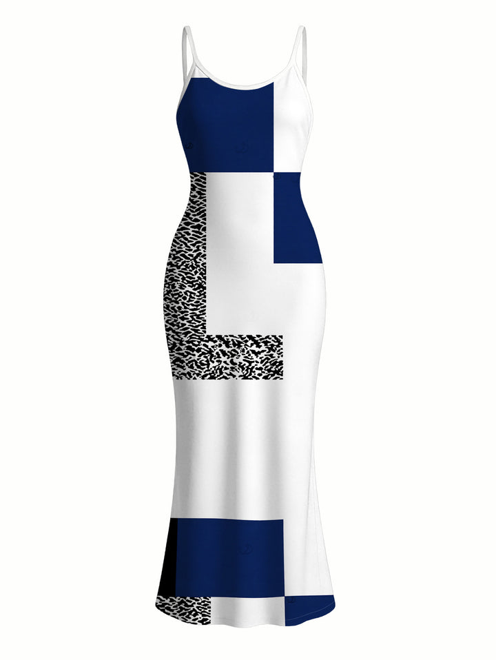 Colorblock Leopard Geometric Patchwork Print Spaghetti Strap Maxi Bodycon Vacation Dress