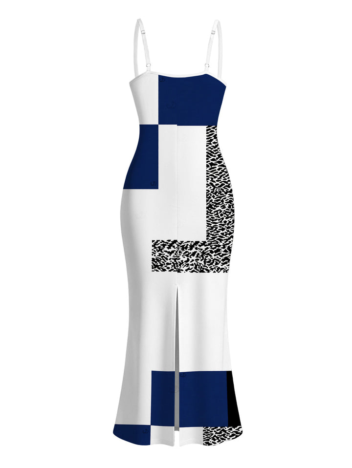 Colorblock Leopard Geometric Patchwork Print Spaghetti Strap Maxi Bodycon Vacation Dress
