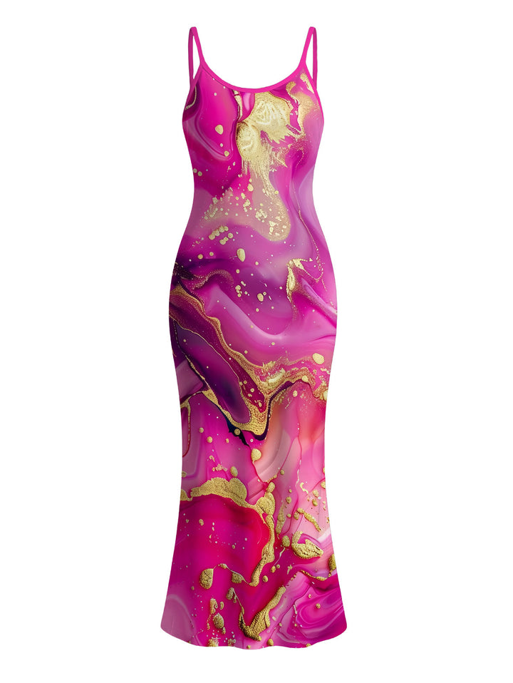 Metallic Gold Marble Fluid Print Spaghetti Strap Maxi Bodycon Hawaiian Vacation Dress