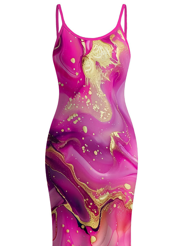 Metallic Gold Marble Fluid Print Spaghetti Strap Maxi Bodycon Hawaiian Vacation Dress