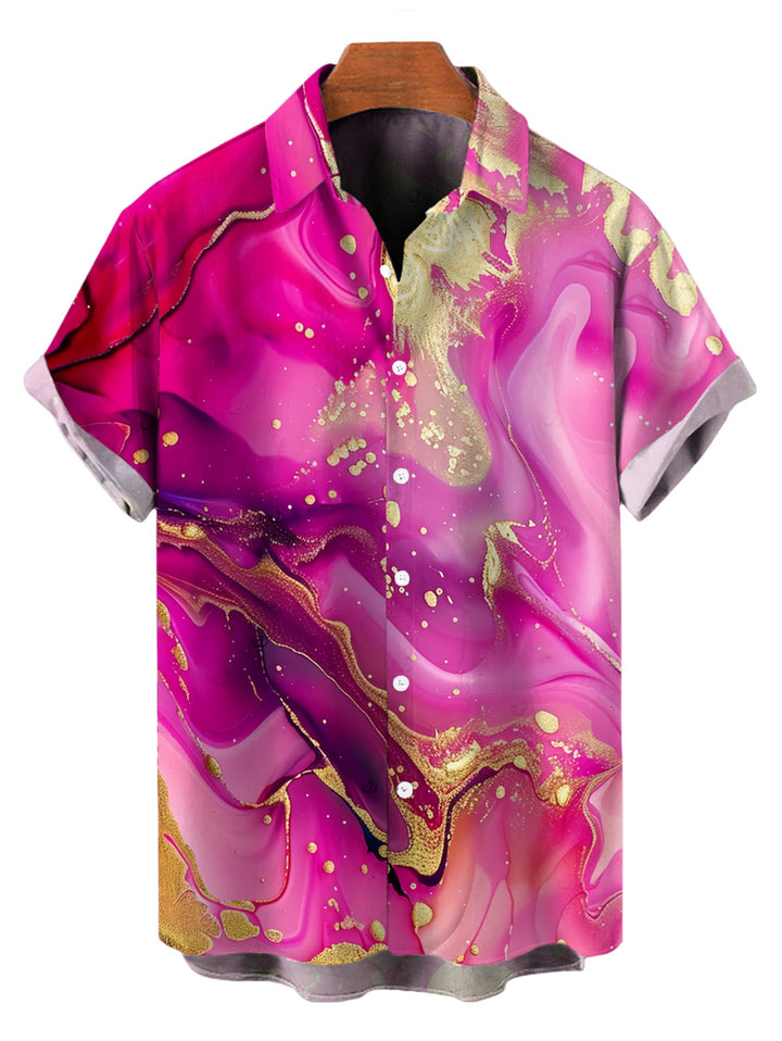Men's Metallic Gold Marble Fluid Print Button Up Hawaiian Vacation Shirt