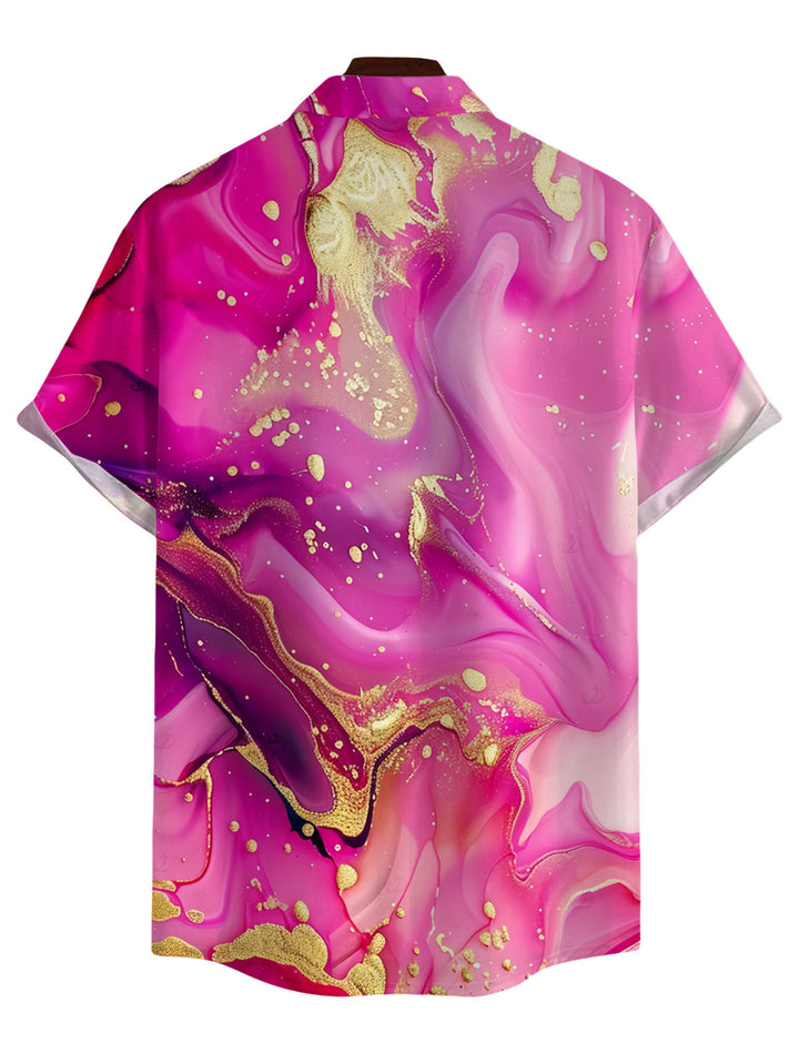 Men's Metallic Gold Marble Fluid Print Button Up Hawaiian Vacation Shirt