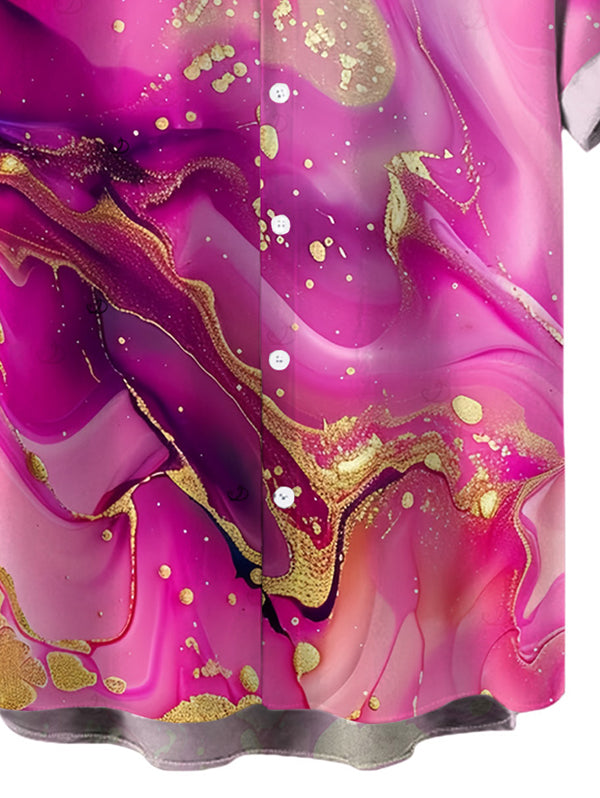 Men's Metallic Gold Marble Fluid Print Button Up Hawaiian Vacation Shirt