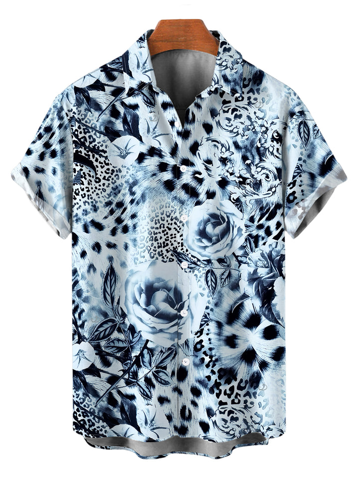 Men's Ink Painting Rose Floral Leopard Print Button Up Vacation Shirt