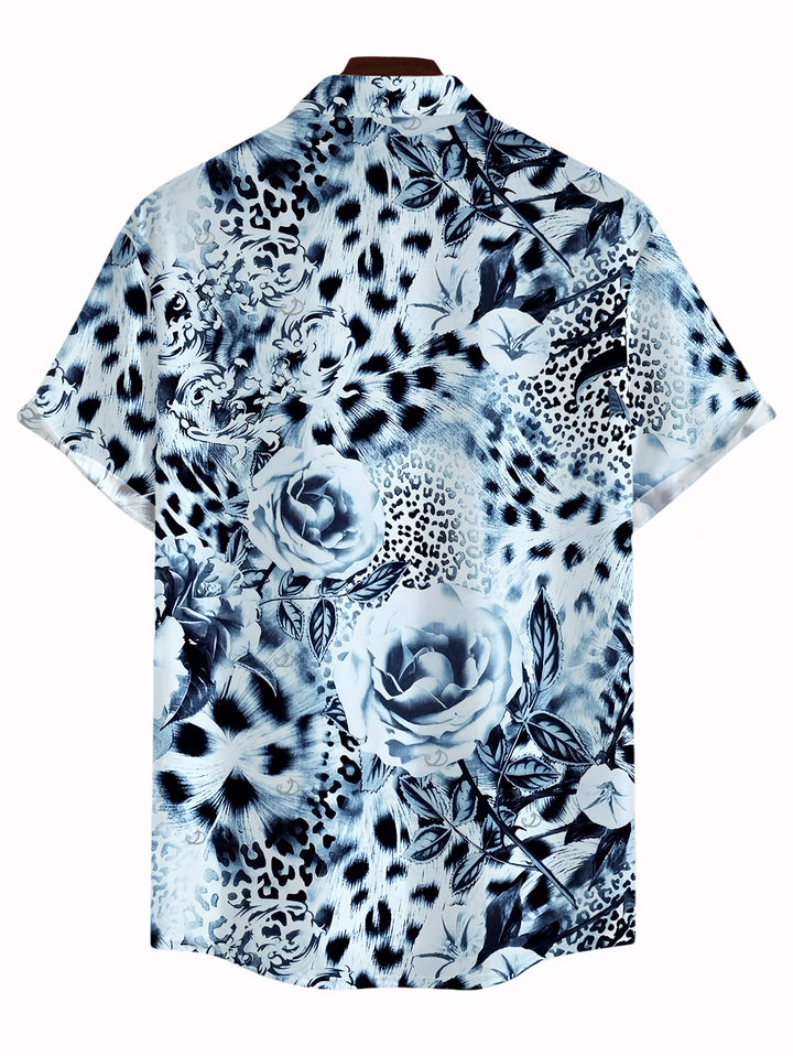 Men's Ink Painting Rose Floral Leopard Print Button Up Vacation Shirt