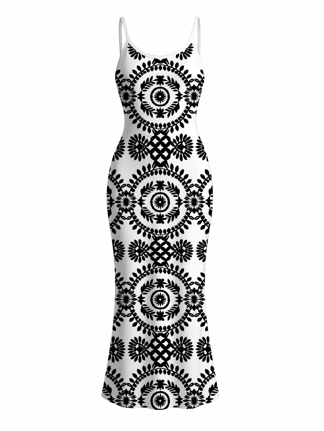 Contrast Color Mandala Ethnic Print Spaghetti Strap Maxi Bodycon Bohemian Dress