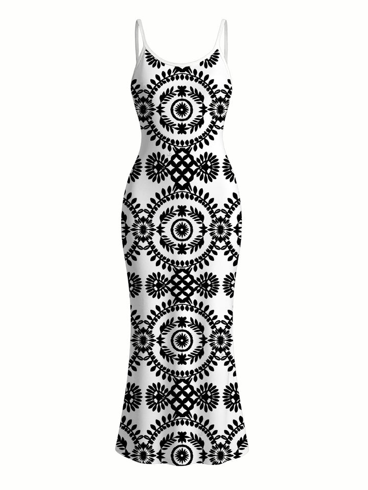Contrast Color Mandala Ethnic Print Spaghetti Strap Maxi Bodycon Bohemian Dress