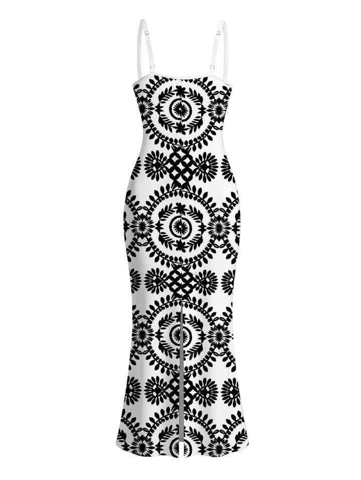 Contrast Color Mandala Ethnic Print Spaghetti Strap Maxi Bodycon Bohemian Dress