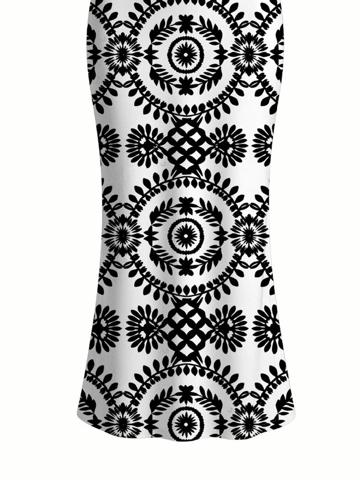Contrast Color Mandala Ethnic Print Spaghetti Strap Maxi Bodycon Bohemian Dress
