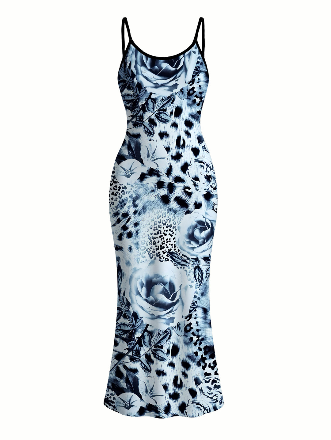 Ink Painting Rose Floral Leopard Print Spaghetti Strap Maxi Bodycon Vacation Dress