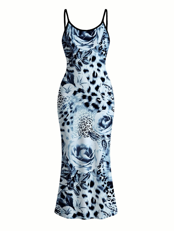 Ink Painting Rose Floral Leopard Print Spaghetti Strap Maxi Bodycon Vacation Dress