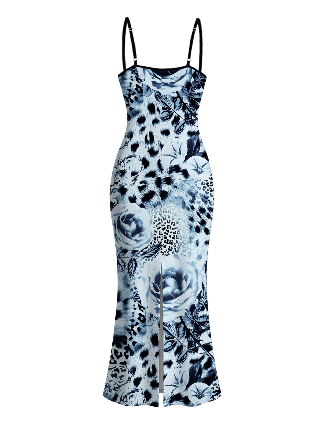Ink Painting Rose Floral Leopard Print Spaghetti Strap Maxi Bodycon Vacation Dress