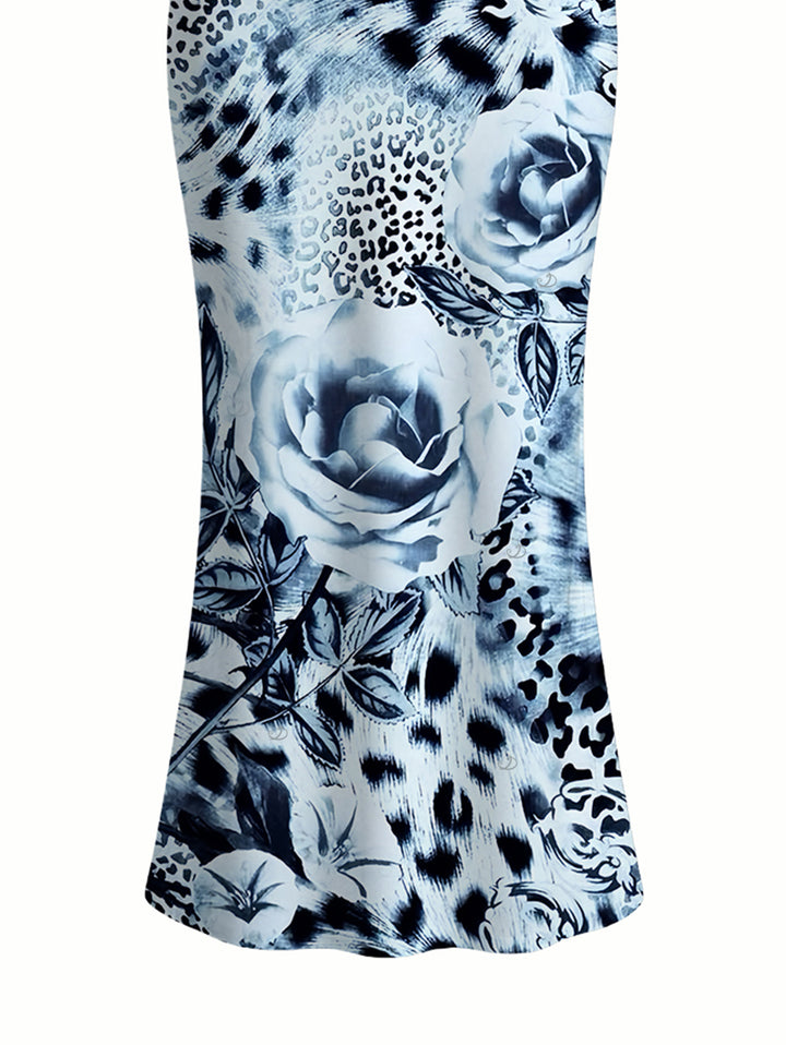 Ink Painting Rose Floral Leopard Print Spaghetti Strap Maxi Bodycon Vacation Dress
