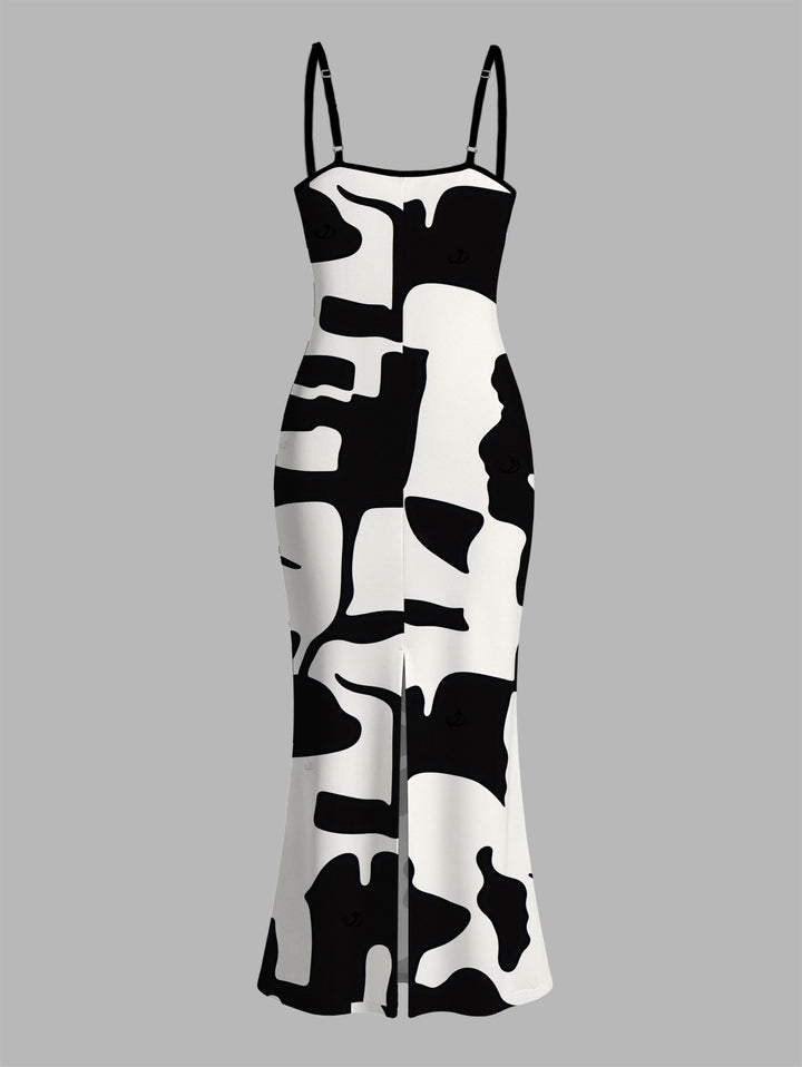 Colorblock Abstract Irregular Geometric Print Spaghetti Strap Maxi Bodycon Dress