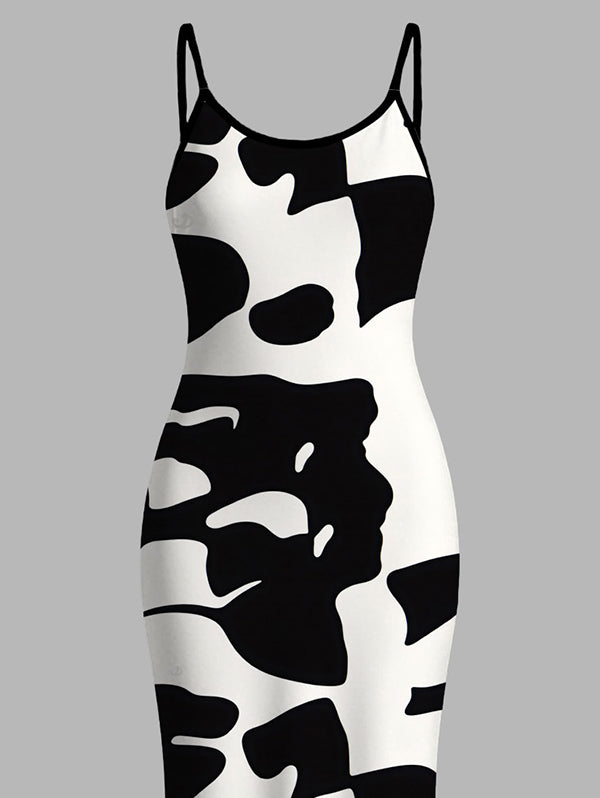 Colorblock Abstract Irregular Geometric Print Spaghetti Strap Maxi Bodycon Dress