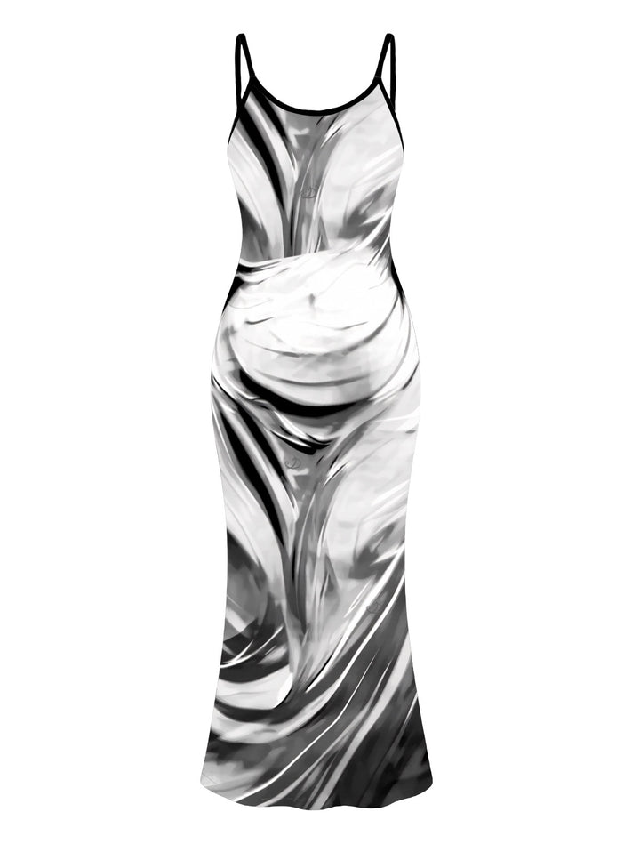 Fluid Swirl Abstract Print Spaghetti Strap Maxi Bodycon Vacation Dress