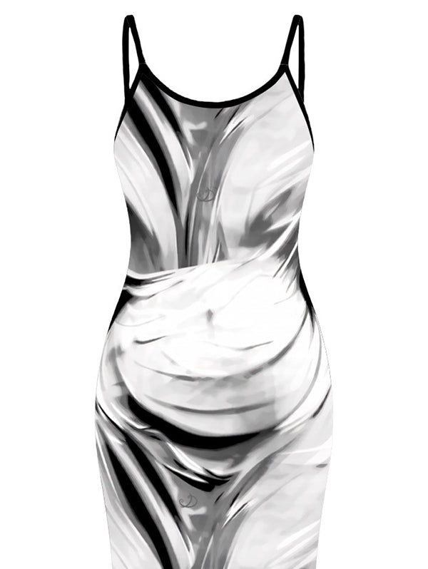 Fluid Swirl Abstract Print Spaghetti Strap Maxi Bodycon Vacation Dress