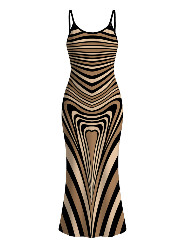 Colorblock Heart Shaped Swirl Geometric Print Spaghetti Strap Maxi Bodycon Bohemian Dress