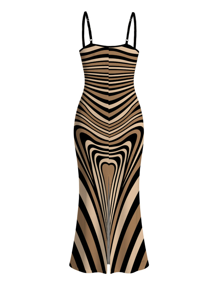 Colorblock Heart Shaped Swirl Geometric Print Spaghetti Strap Maxi Bodycon Bohemian Dress