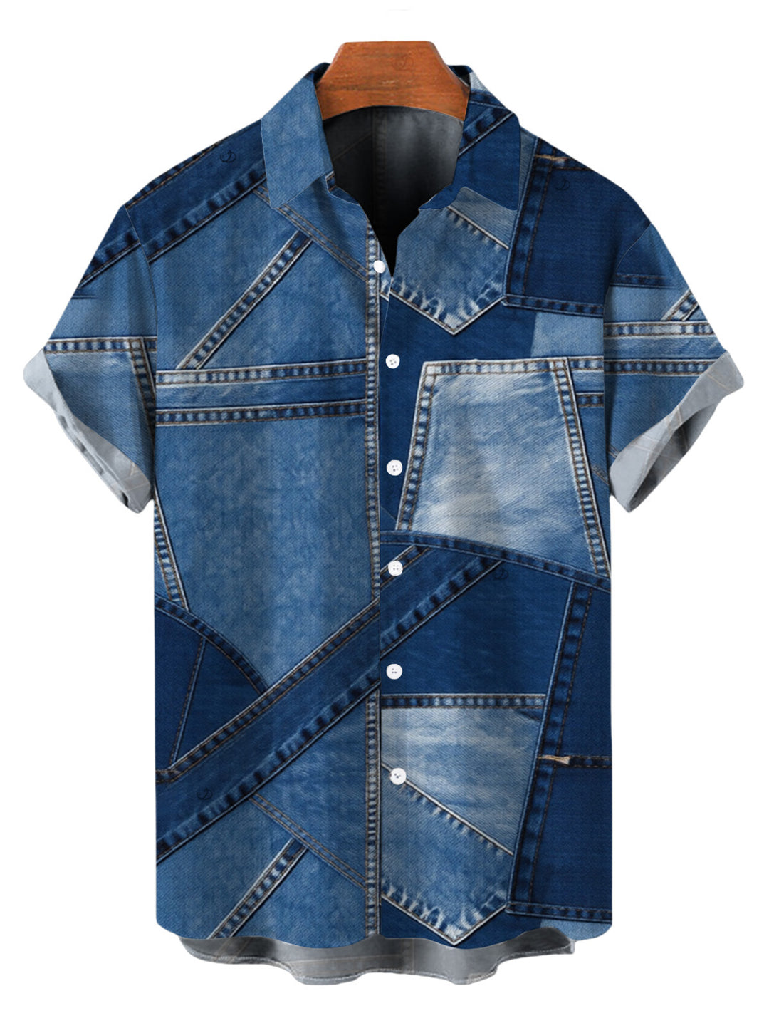 Men's Faux Denim Patchwork Print Button Up Casual Shirt