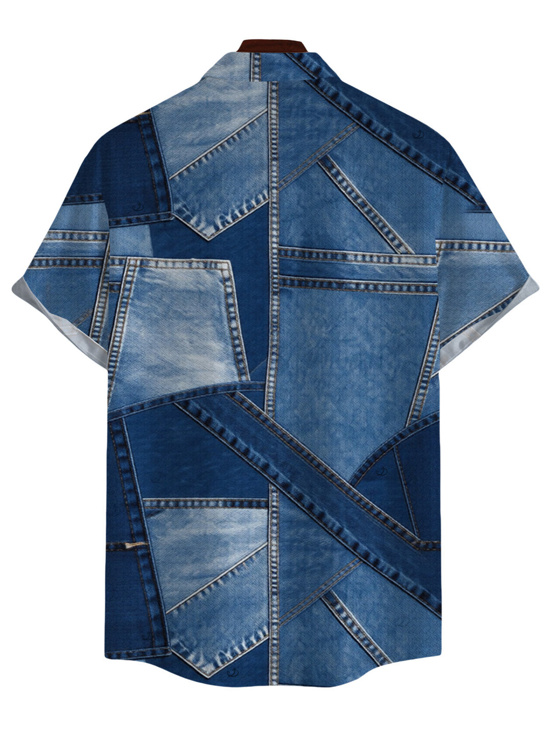 Men's Faux Denim Patchwork Print Button Up Casual Shirt