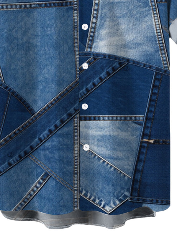 Men's Faux Denim Patchwork Print Button Up Casual Shirt