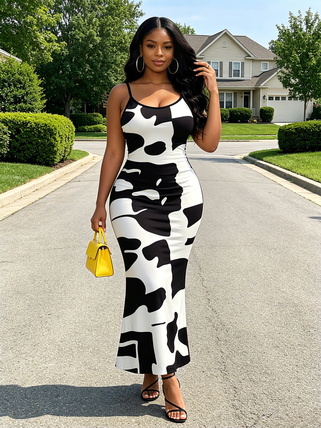 Colorblock Abstract Irregular Geometric Print Spaghetti Strap Maxi Bodycon Dress