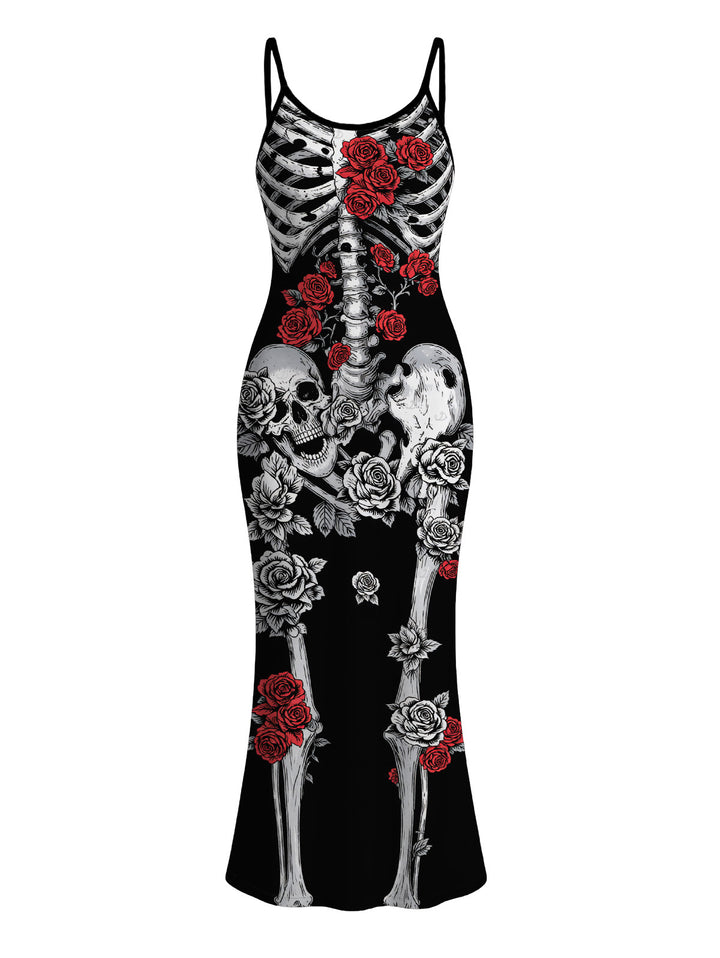 Skeleton Skulls Rose Print Spaghetti Strap Maxi Bodycon Gothic Dress