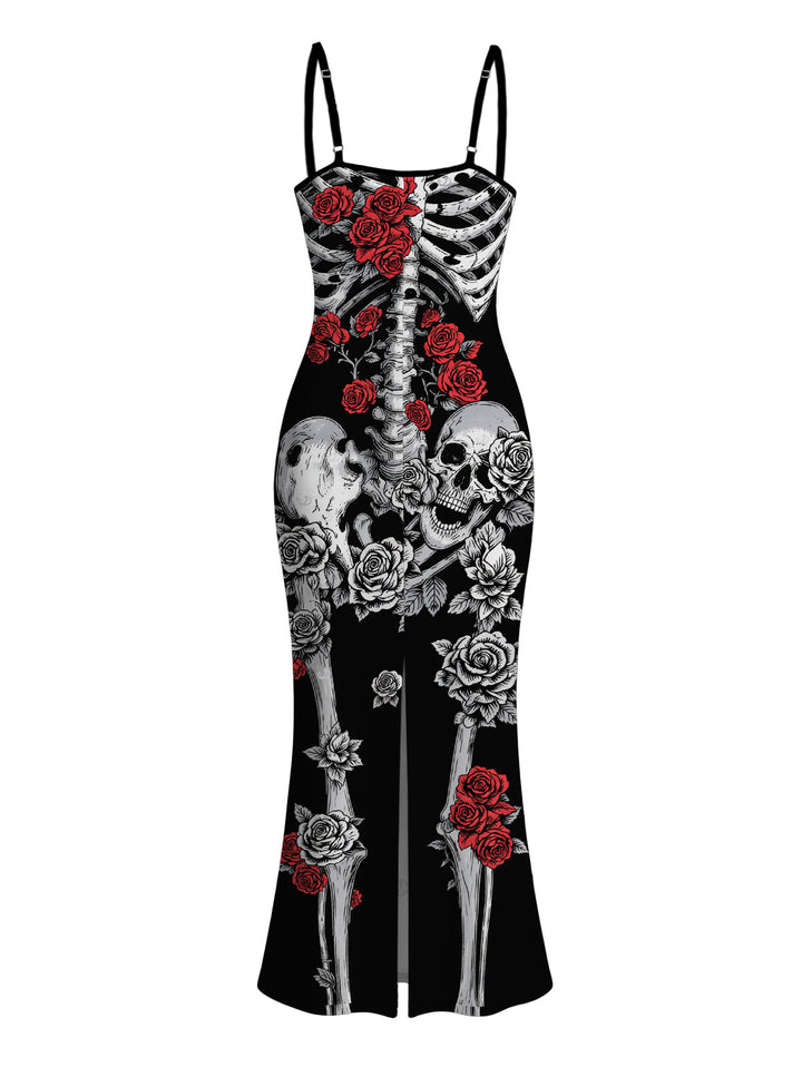 Skeleton Skulls Rose Print Spaghetti Strap Maxi Bodycon Gothic Dress