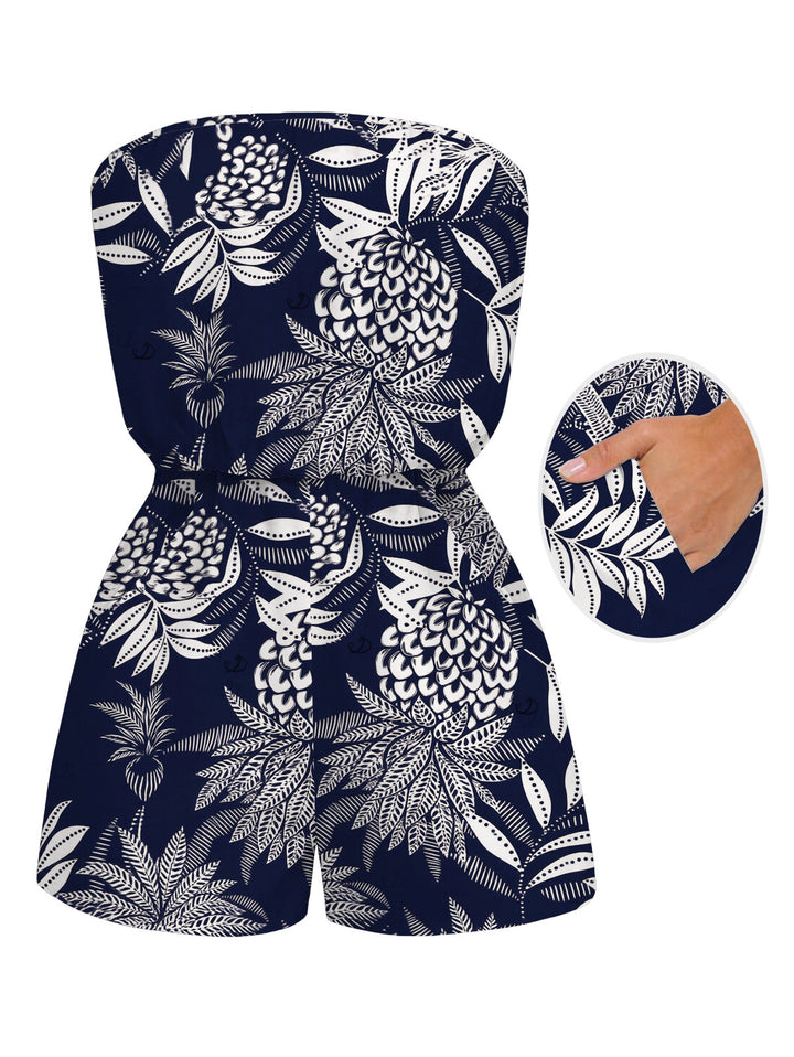 Tropical Pineapple Print Pocket Off the Shoulder Hawaiian Vacation Romper