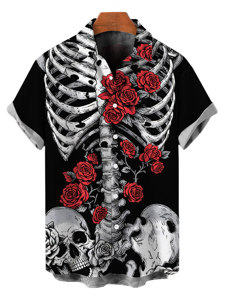 Men's Skeleton Skulls Rose Print Button Up Gothic Shirt