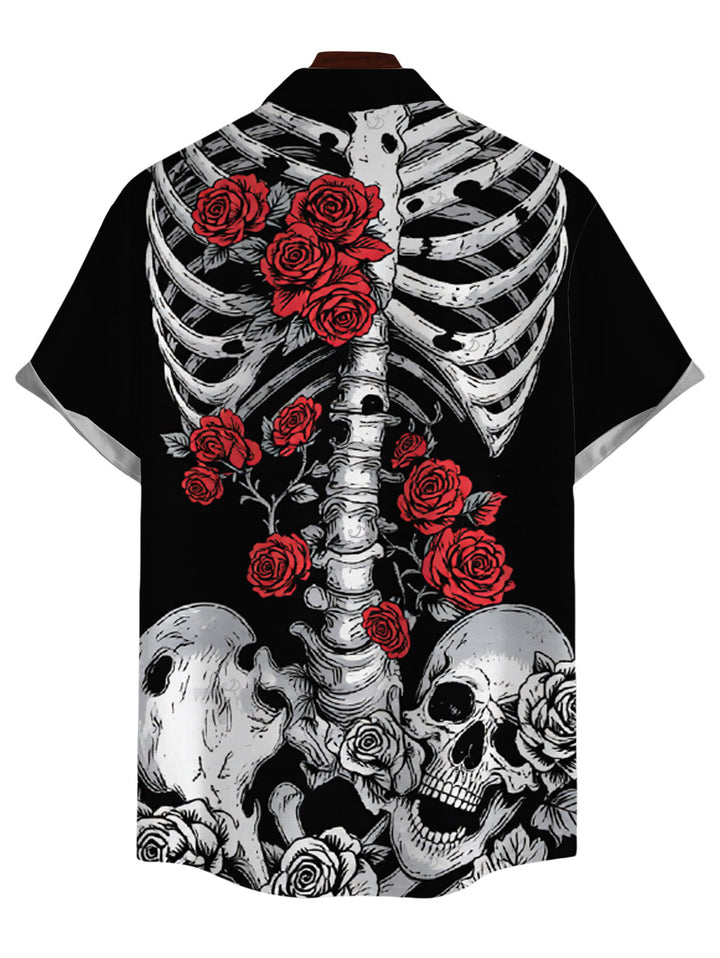 Men's Skeleton Skulls Rose Print Button Up Gothic Shirt