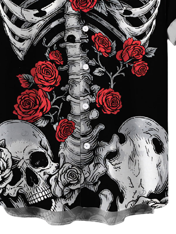 Men's Skeleton Skulls Rose Print Button Up Gothic Shirt