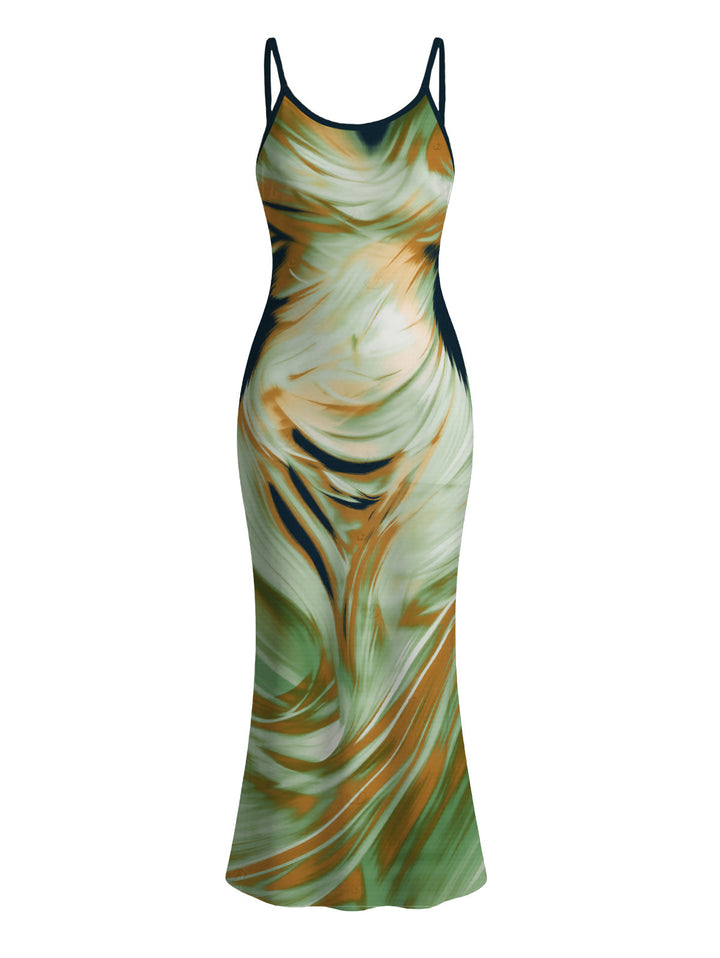 Fluid Swirl Abstract Print Spaghetti Strap Maxi Bodycon Vacation Dress