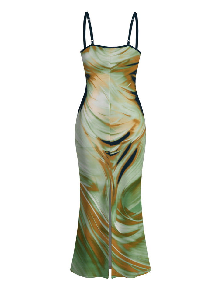 Fluid Swirl Abstract Print Spaghetti Strap Maxi Bodycon Vacation Dress