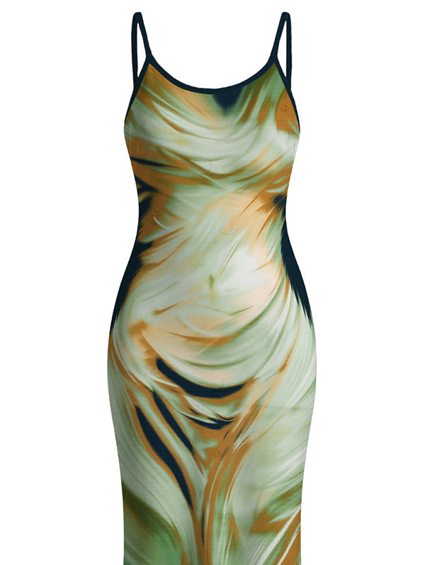 Fluid Swirl Abstract Print Spaghetti Strap Maxi Bodycon Vacation Dress