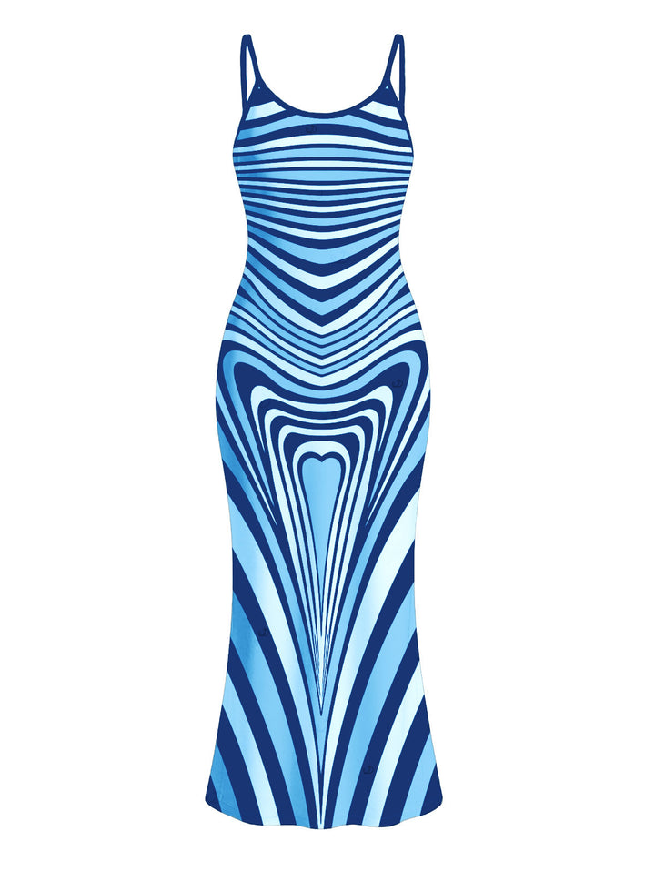 Colorblock Heart Shaped Swirl Geometric Print Spaghetti Strap Maxi Bodycon Bohemian Dress