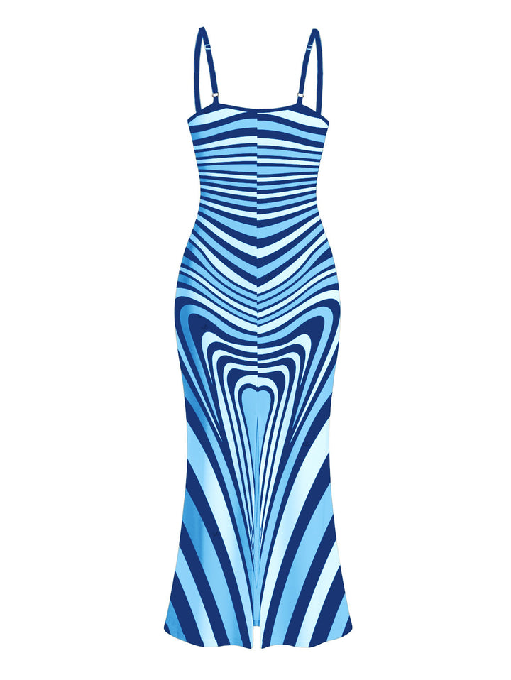 Colorblock Heart Shaped Swirl Geometric Print Spaghetti Strap Maxi Bodycon Bohemian Dress
